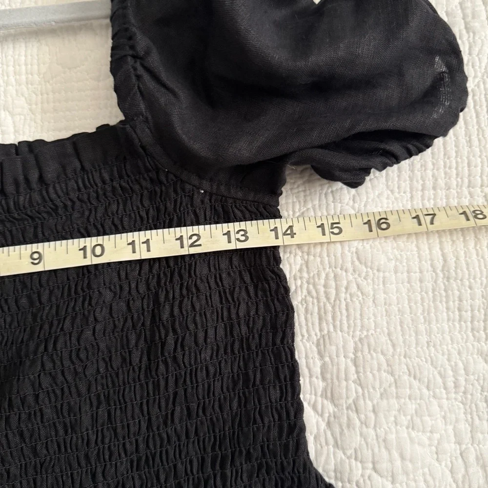 J. Crew S Womens Black Linen Puff Sleeve Smocked Squade Mini Dress